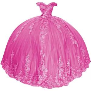 imageYoujiayi Princess Off Shoulder Quinceanera Dresses Puffy Lace Tulle Sweet 16 Dress with Train Big Bow Long Ball GownsHot Pink