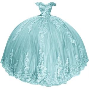 imageYoujiayi Princess Off Shoulder Quinceanera Dresses Puffy Lace Tulle Sweet 16 Dress with Train Big Bow Long Ball GownsIce Blue