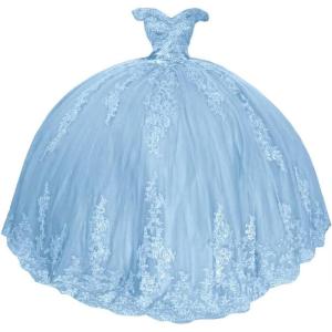 imageYoujiayi Princess Off Shoulder Quinceanera Dresses Puffy Lace Tulle Sweet 16 Dress with Train Big Bow Long Ball GownsLight Blue