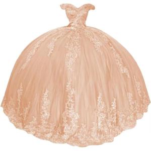 imageYoujiayi Princess Off Shoulder Quinceanera Dresses Puffy Lace Tulle Sweet 16 Dress with Train Big Bow Long Ball GownsPeach