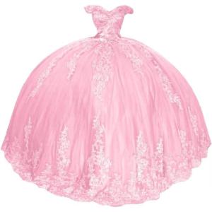 imageYoujiayi Princess Off Shoulder Quinceanera Dresses Puffy Lace Tulle Sweet 16 Dress with Train Big Bow Long Ball GownsPink
