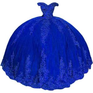 imageYoujiayi Princess Off Shoulder Quinceanera Dresses Puffy Lace Tulle Sweet 16 Dress with Train Big Bow Long Ball GownsRoyal Blue