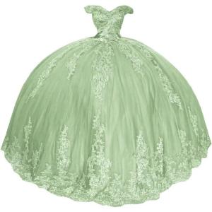 imageYoujiayi Princess Off Shoulder Quinceanera Dresses Puffy Lace Tulle Sweet 16 Dress with Train Big Bow Long Ball GownsSage