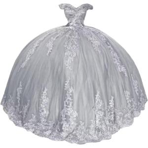 imageYoujiayi Princess Off Shoulder Quinceanera Dresses Puffy Lace Tulle Sweet 16 Dress with Train Big Bow Long Ball GownsSilver