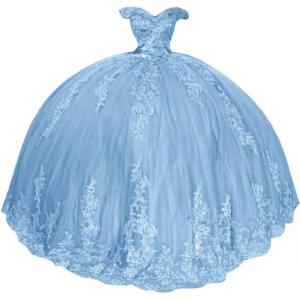 imageYoujiayi Princess Off Shoulder Quinceanera Dresses Puffy Lace Tulle Sweet 16 Dress with Train Big Bow Long Ball GownsSky Blue