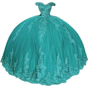 imageYoujiayi Princess Off Shoulder Quinceanera Dresses Puffy Lace Tulle Sweet 16 Dress with Train Big Bow Long Ball GownsTurquoise