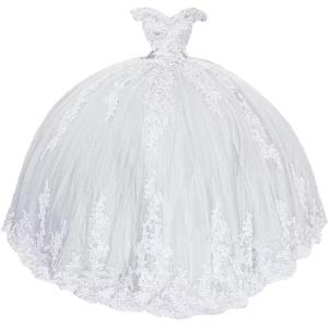 imageYoujiayi Princess Off Shoulder Quinceanera Dresses Puffy Lace Tulle Sweet 16 Dress with Train Big Bow Long Ball GownsWhite