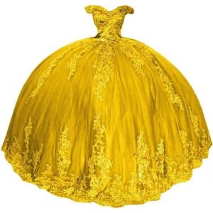 imageYoujiayi Princess Off Shoulder Quinceanera Dresses Puffy Lace Tulle Sweet 16 Dress with Train Big Bow Long Ball GownsYellow Dark