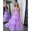 imageYoujiayi Elegant Tiered Tulle Prom Dress with Train Off Shoulder Formal Evening Gowns for Women Sweetheart Lace Party DressFuchsia