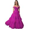 imageYoujiayi Elegant Tiered Tulle Prom Dress with Train Off Shoulder Formal Evening Gowns for Women Sweetheart Lace Party DressFuchsia