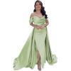 imageYoujiayi Off Shoulder Satin Prom Dresses Long Evening Gowns Women Formal Elegant Pleated Party DressMint