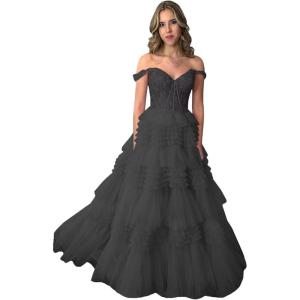 imageYoujiayi Elegant Tiered Tulle Prom Dress with Train Off Shoulder Formal Evening Gowns for Women Sweetheart Lace Party DressBlack