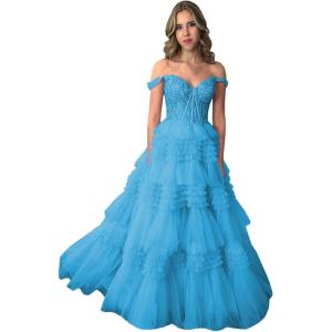 imageYoujiayi Elegant Tiered Tulle Prom Dress with Train Off Shoulder Formal Evening Gowns for Women Sweetheart Lace Party DressBlue