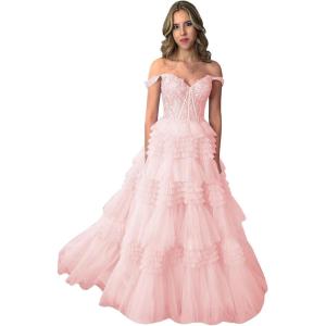 imageYoujiayi Elegant Tiered Tulle Prom Dress with Train Off Shoulder Formal Evening Gowns for Women Sweetheart Lace Party DressBlush Pink
