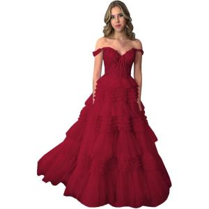 imageYoujiayi Elegant Tiered Tulle Prom Dress with Train Off Shoulder Formal Evening Gowns for Women Sweetheart Lace Party DressBurgundy