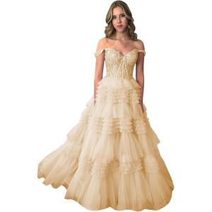 imageYoujiayi Elegant Tiered Tulle Prom Dress with Train Off Shoulder Formal Evening Gowns for Women Sweetheart Lace Party DressChampagne