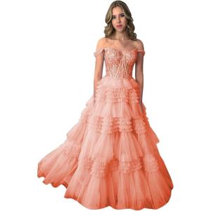 imageYoujiayi Elegant Tiered Tulle Prom Dress with Train Off Shoulder Formal Evening Gowns for Women Sweetheart Lace Party DressCoral
