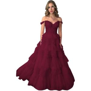 imageYoujiayi Elegant Tiered Tulle Prom Dress with Train Off Shoulder Formal Evening Gowns for Women Sweetheart Lace Party DressDeep Burgundy