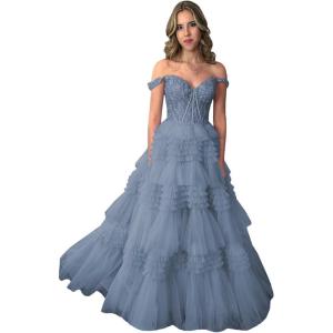 imageYoujiayi Elegant Tiered Tulle Prom Dress with Train Off Shoulder Formal Evening Gowns for Women Sweetheart Lace Party DressDusty Blue
