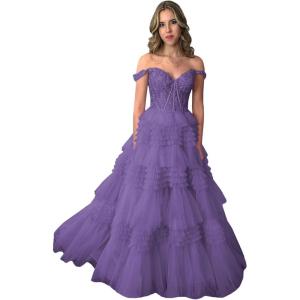 imageYoujiayi Elegant Tiered Tulle Prom Dress with Train Off Shoulder Formal Evening Gowns for Women Sweetheart Lace Party DressDusty Purple