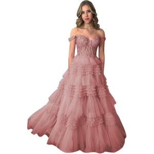 imageYoujiayi Elegant Tiered Tulle Prom Dress with Train Off Shoulder Formal Evening Gowns for Women Sweetheart Lace Party DressDusty Rose