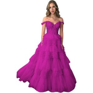 imageYoujiayi Elegant Tiered Tulle Prom Dress with Train Off Shoulder Formal Evening Gowns for Women Sweetheart Lace Party DressFuchsia