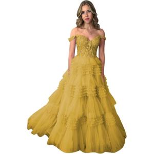 imageYoujiayi Elegant Tiered Tulle Prom Dress with Train Off Shoulder Formal Evening Gowns for Women Sweetheart Lace Party DressGold
