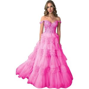 imageYoujiayi Elegant Tiered Tulle Prom Dress with Train Off Shoulder Formal Evening Gowns for Women Sweetheart Lace Party DressHot Pink