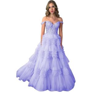 imageYoujiayi Elegant Tiered Tulle Prom Dress with Train Off Shoulder Formal Evening Gowns for Women Sweetheart Lace Party DressLavender