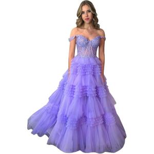 imageYoujiayi Elegant Tiered Tulle Prom Dress with Train Off Shoulder Formal Evening Gowns for Women Sweetheart Lace Party DressLavender Deep