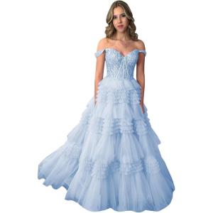 imageYoujiayi Elegant Tiered Tulle Prom Dress with Train Off Shoulder Formal Evening Gowns for Women Sweetheart Lace Party DressLight Blue