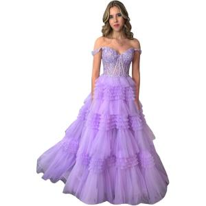 imageYoujiayi Elegant Tiered Tulle Prom Dress with Train Off Shoulder Formal Evening Gowns for Women Sweetheart Lace Party DressLilac