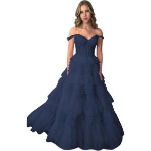 imageYoujiayi Elegant Tiered Tulle Prom Dress with Train Off Shoulder Formal Evening Gowns for Women Sweetheart Lace Party DressNavy