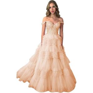 imageYoujiayi Elegant Tiered Tulle Prom Dress with Train Off Shoulder Formal Evening Gowns for Women Sweetheart Lace Party DressPeach