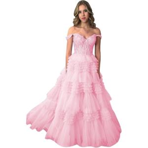 imageYoujiayi Elegant Tiered Tulle Prom Dress with Train Off Shoulder Formal Evening Gowns for Women Sweetheart Lace Party DressPink