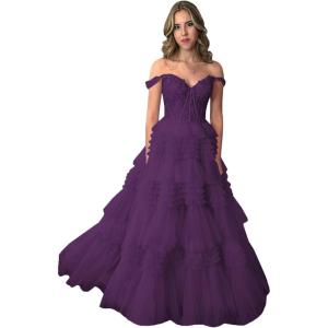 imageYoujiayi Elegant Tiered Tulle Prom Dress with Train Off Shoulder Formal Evening Gowns for Women Sweetheart Lace Party DressPlum