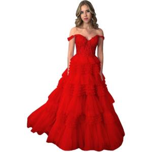 imageYoujiayi Elegant Tiered Tulle Prom Dress with Train Off Shoulder Formal Evening Gowns for Women Sweetheart Lace Party DressRed