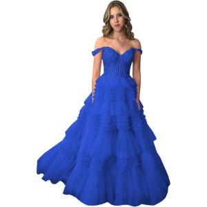 imageYoujiayi Elegant Tiered Tulle Prom Dress with Train Off Shoulder Formal Evening Gowns for Women Sweetheart Lace Party DressRoyal Blue