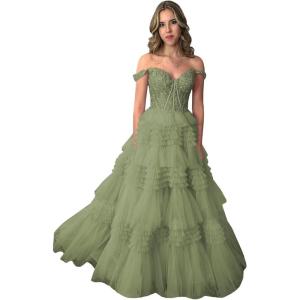 imageYoujiayi Elegant Tiered Tulle Prom Dress with Train Off Shoulder Formal Evening Gowns for Women Sweetheart Lace Party DressSage