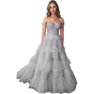 imageYoujiayi Elegant Tiered Tulle Prom Dress with Train Off Shoulder Formal Evening Gowns for Women Sweetheart Lace Party DressSilver