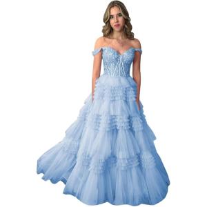 imageYoujiayi Elegant Tiered Tulle Prom Dress with Train Off Shoulder Formal Evening Gowns for Women Sweetheart Lace Party DressSky Blue