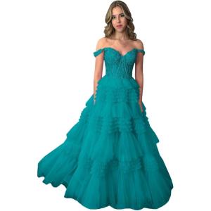 imageYoujiayi Elegant Tiered Tulle Prom Dress with Train Off Shoulder Formal Evening Gowns for Women Sweetheart Lace Party DressTurquoise