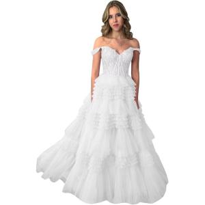 imageYoujiayi Elegant Tiered Tulle Prom Dress with Train Off Shoulder Formal Evening Gowns for Women Sweetheart Lace Party DressWhite