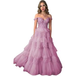 imageYoujiayi Elegant Tiered Tulle Prom Dress with Train Off Shoulder Formal Evening Gowns for Women Sweetheart Lace Party DressWisteria