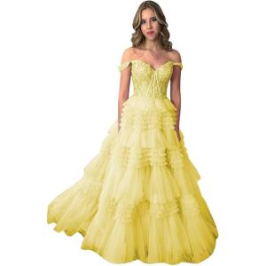 imageYoujiayi Elegant Tiered Tulle Prom Dress with Train Off Shoulder Formal Evening Gowns for Women Sweetheart Lace Party DressYellow