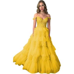 imageYoujiayi Elegant Tiered Tulle Prom Dress with Train Off Shoulder Formal Evening Gowns for Women Sweetheart Lace Party DressYellow Dark