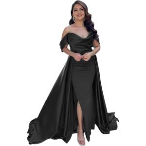 imageYoujiayi Off Shoulder Satin Prom Dresses Long Evening Gowns Women Formal Elegant Pleated Party DressBlack