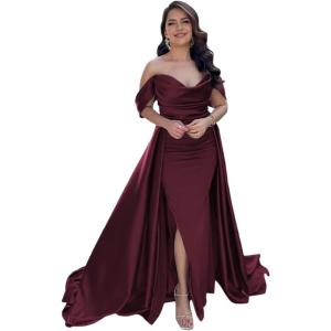 imageYoujiayi Off Shoulder Satin Prom Dresses Long Evening Gowns Women Formal Elegant Pleated Party DressBurgundy Deep
