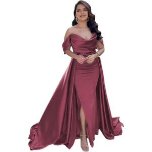 imageYoujiayi Off Shoulder Satin Prom Dresses Long Evening Gowns Women Formal Elegant Pleated Party DressDesert Rose
