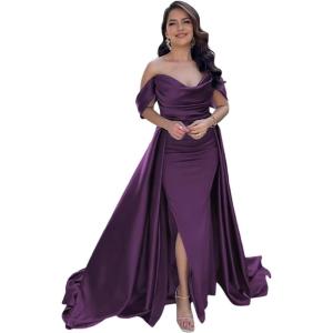 imageYoujiayi Off Shoulder Satin Prom Dresses Long Evening Gowns Women Formal Elegant Pleated Party DressGrape